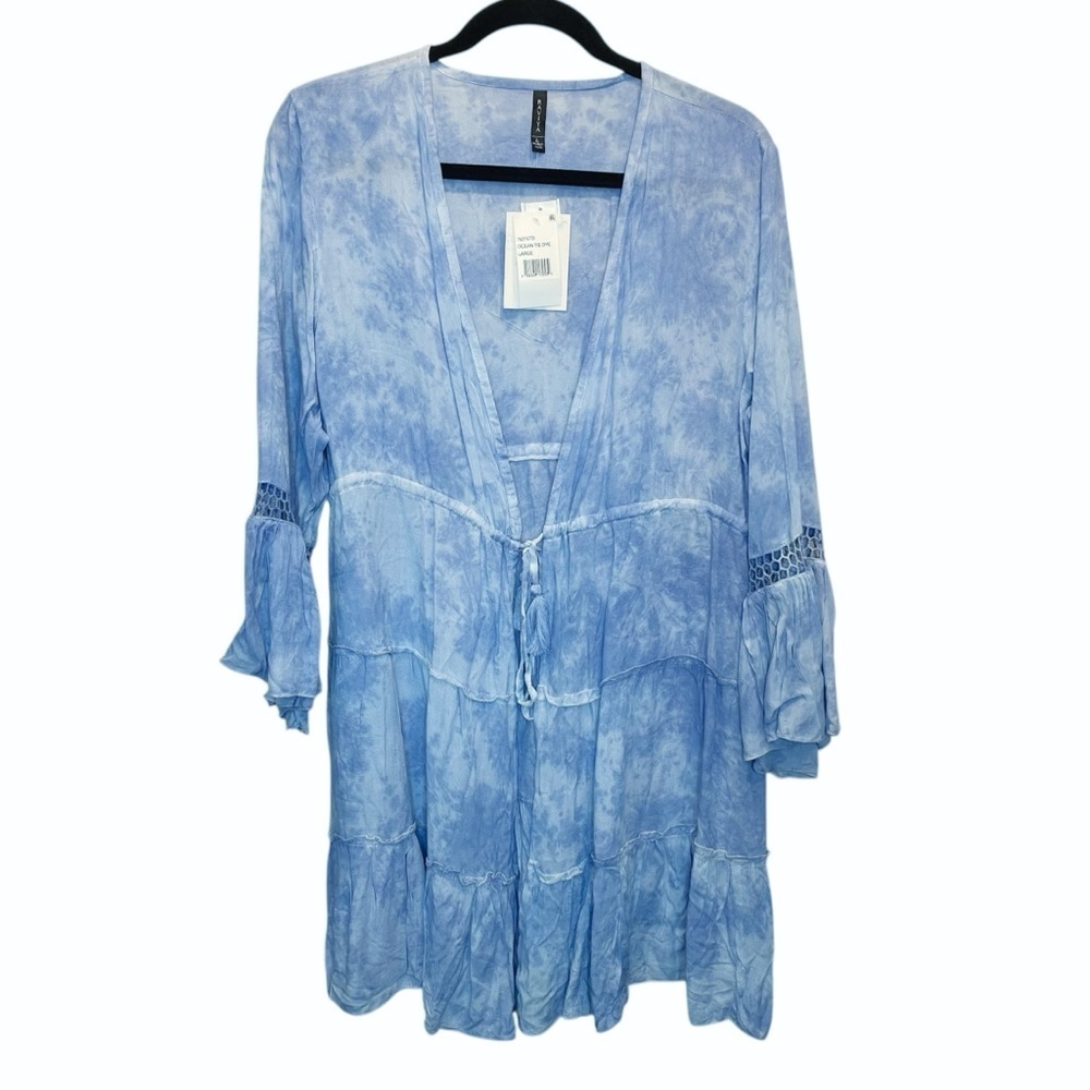 Raviya Women's Tie-Dyed Bell-Sleeve Cover-Up Ocean Tie Dye Blue Large New